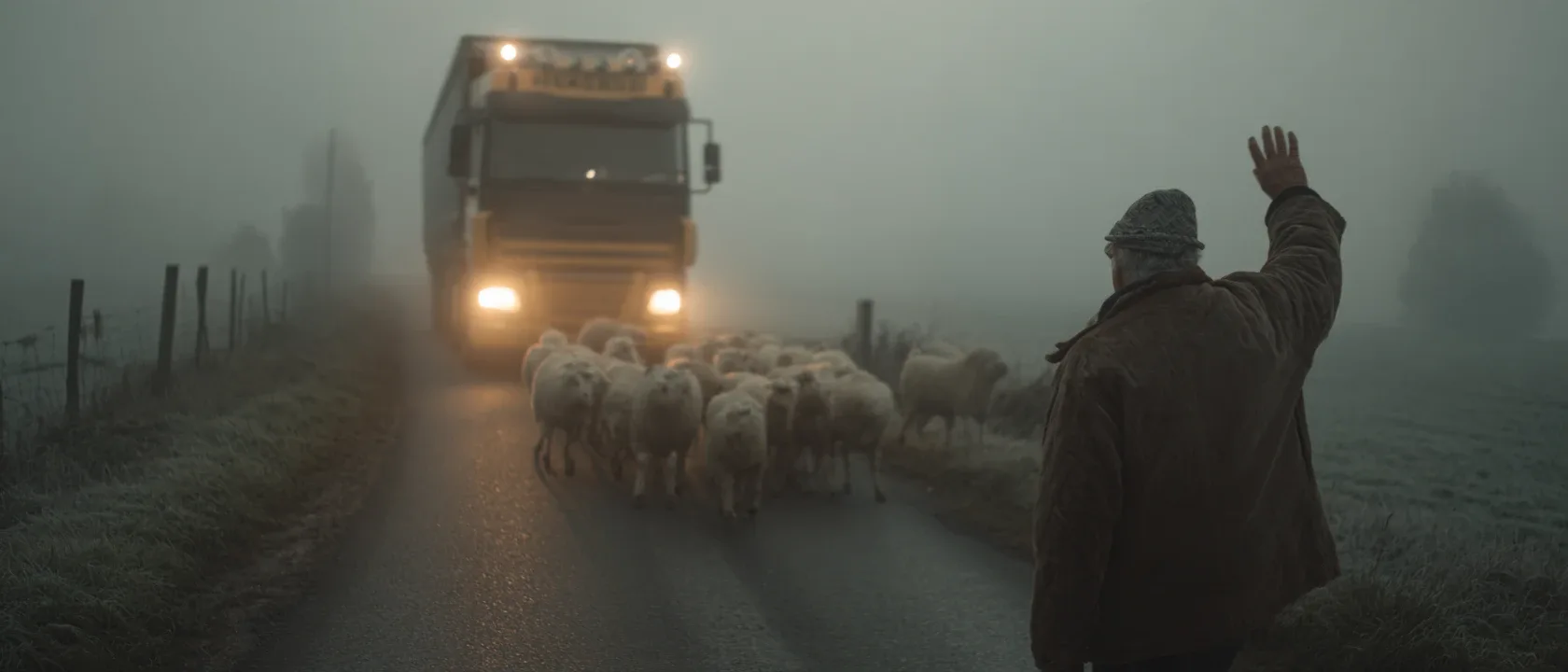 Sur une route de campagne dans la brume, un berger vu de dos lève la main vers un camion aux phares allumés, pendant que son troupeau de moutons traverse devant lui.