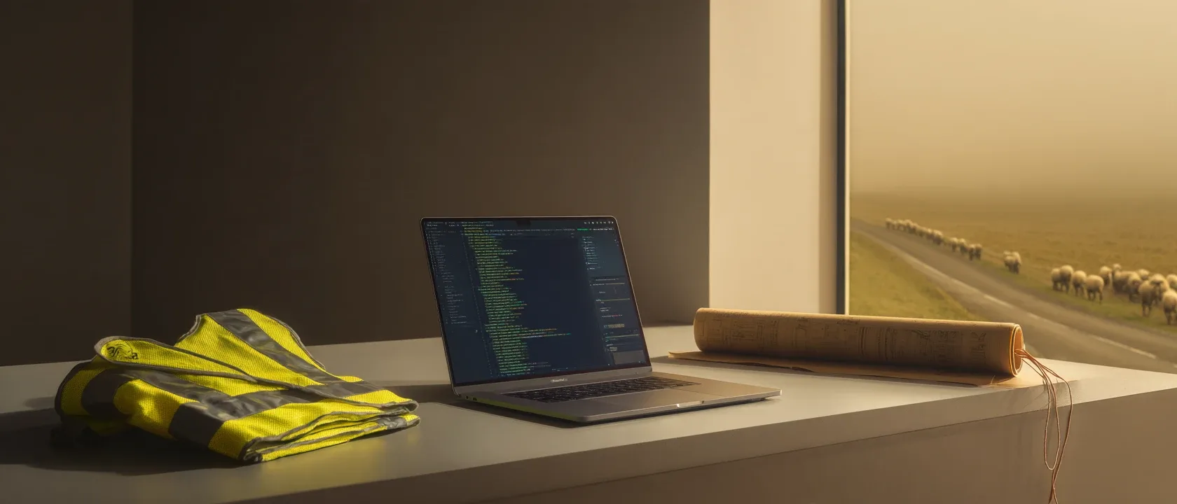 Un bureau à l'aube : un gilet haute visibilité plié, un ordinateur portable affichant du code et un plan roulé ; par la fenêtre, un troupeau de moutons longe une route dans la brume.