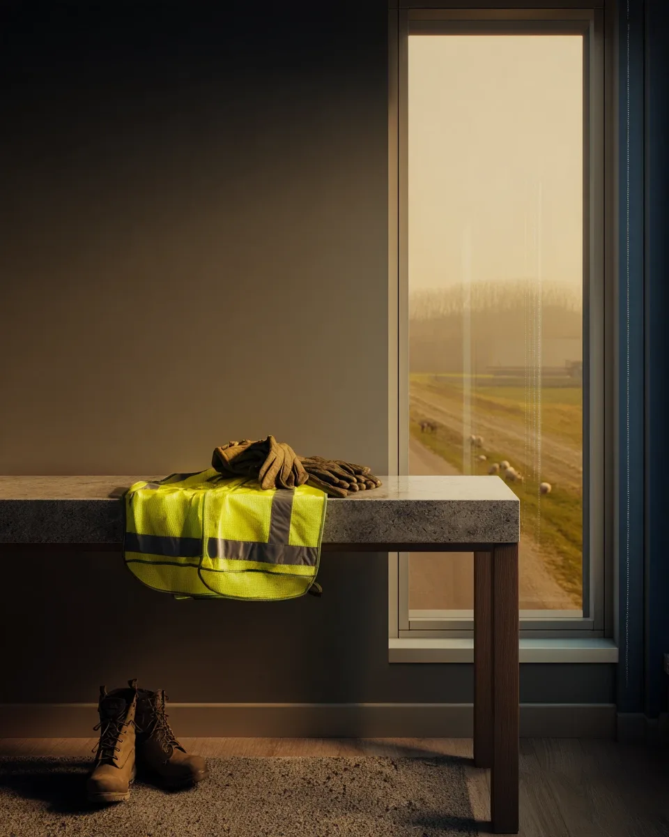 Un gilet haute visibilité et des gants de travail posés sur un banc, des chaussures de sécurité au sol ; par la fenêtre, quelques moutons près d'une route.