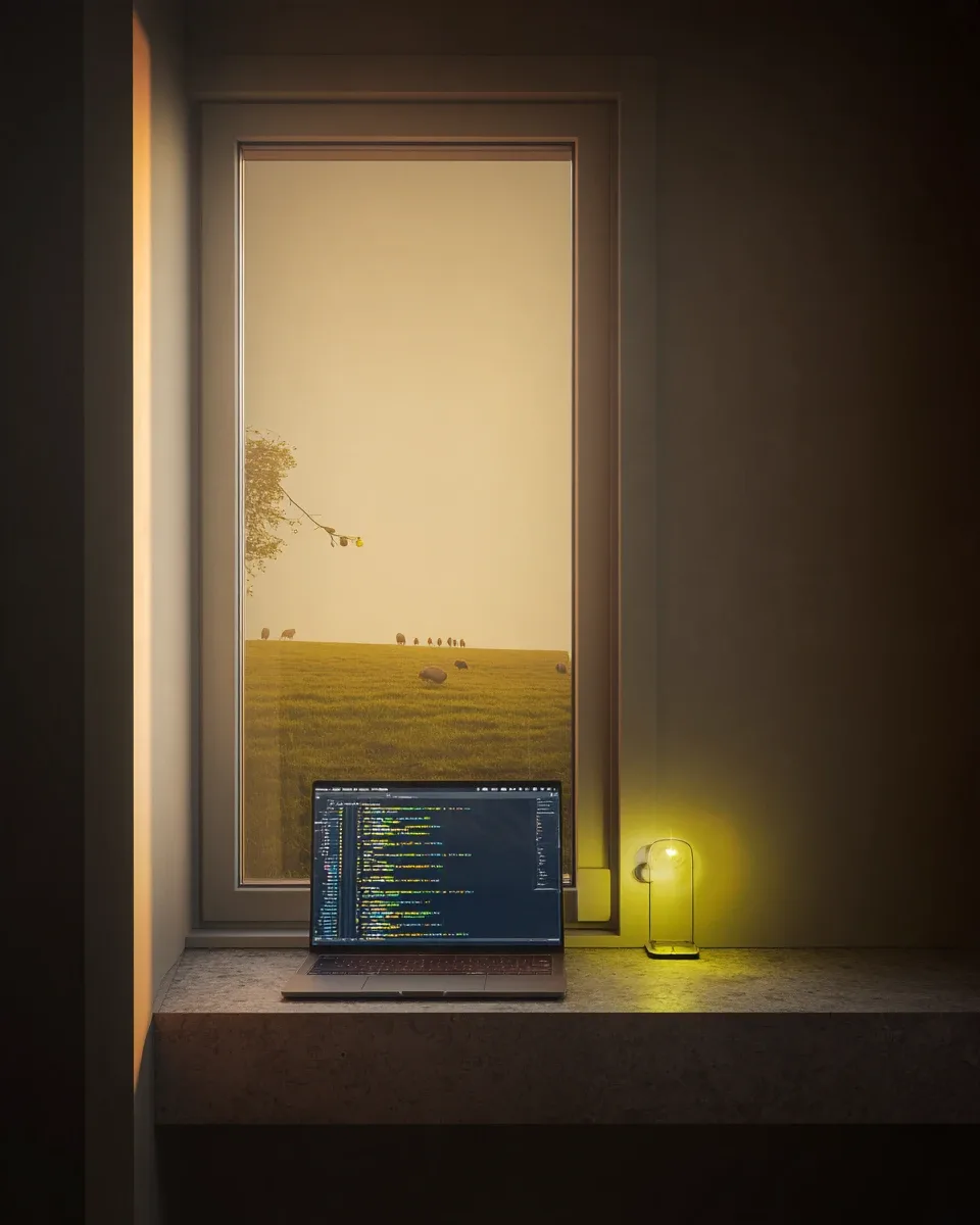 Un ordinateur portable affichant du code devant une fenêtre donnant sur une prairie et des moutons, une petite lampe jaune allumée à côté.