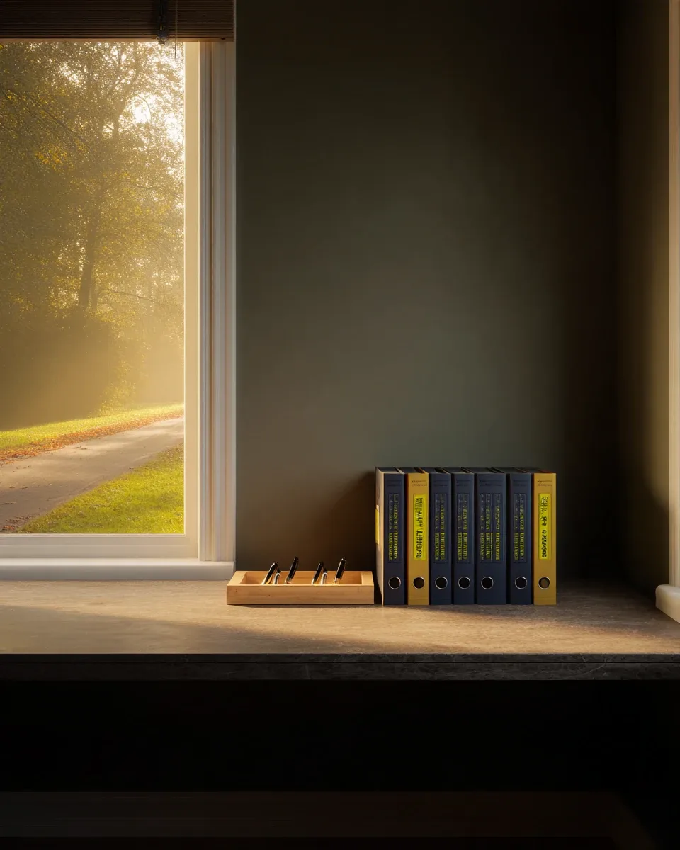 Des classeurs bleu marine et jaunes parfaitement alignés et un plumier en bois sur un plan de travail, près d'une fenêtre baignée de lumière matinale.